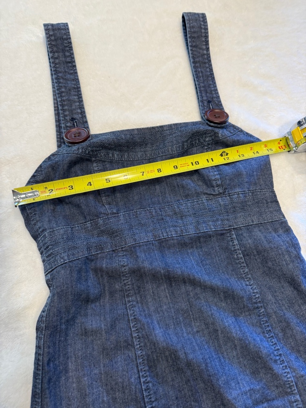 American Rag Dark Denim Mini Pinafore Dress with dark brown buttons & side zip - Picture 5 of 6
